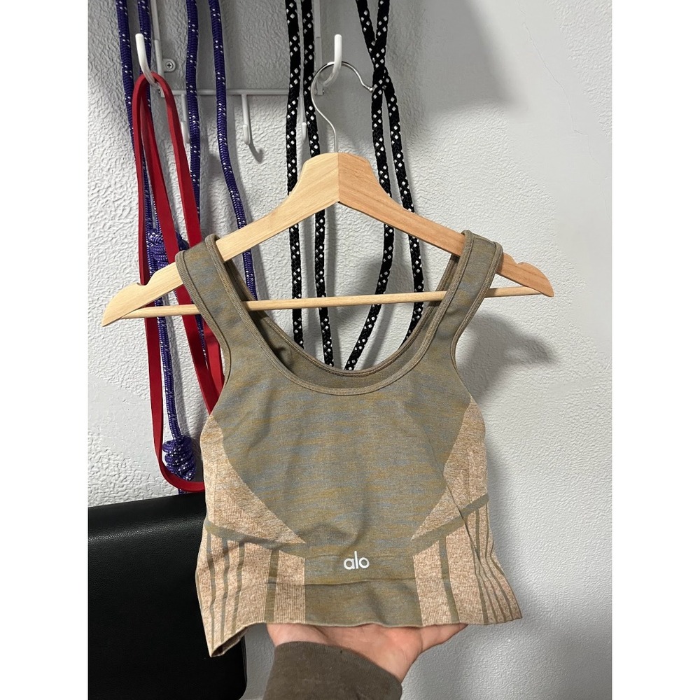 Alo Yoga Seamless Crop Tank Top Olive Green Tan Space Dye Athletic Crop S - Picture 2 of 2
